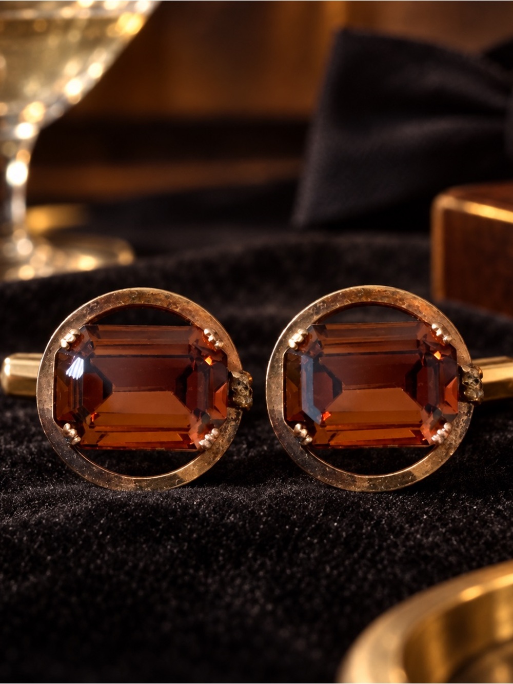 Vintage Amber Glass Cufflinks Gold Tone Mid Century  Pat Pend